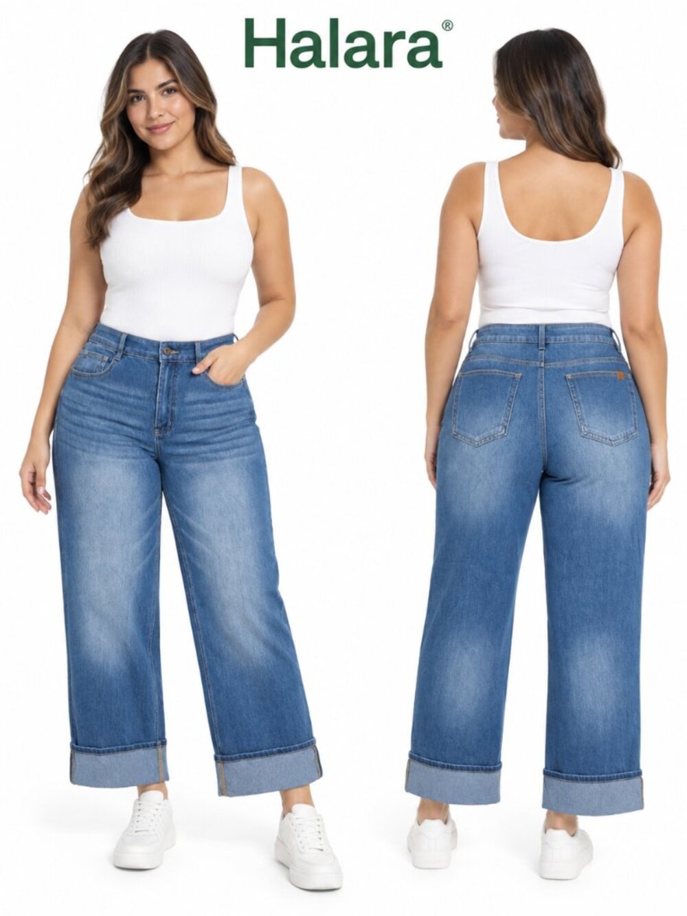 Halara Women Medium Wash High Waisted Cuffed Wide Leg Jeans Size S Tall